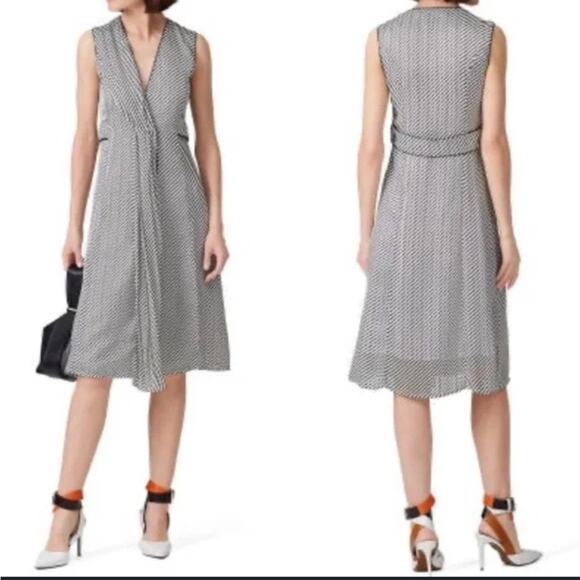 Deborah Lyons Ashley Midi Dress 2 Black Striped Crepe Luxury Old Money Ladylike - Picture 1 of 10